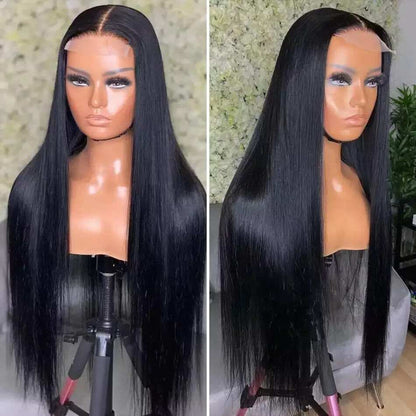 Hand-tied Human Hair Wig with long, sleek black human hair and a natural middle part