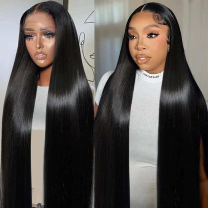Hand-tied Human Hair Wig with long, sleek black human hair, centre part and natural lace-front hairline