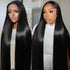 Hand-tied Human Hair Wig with long, sleek black human hair, centre part and natural lace-front hairline