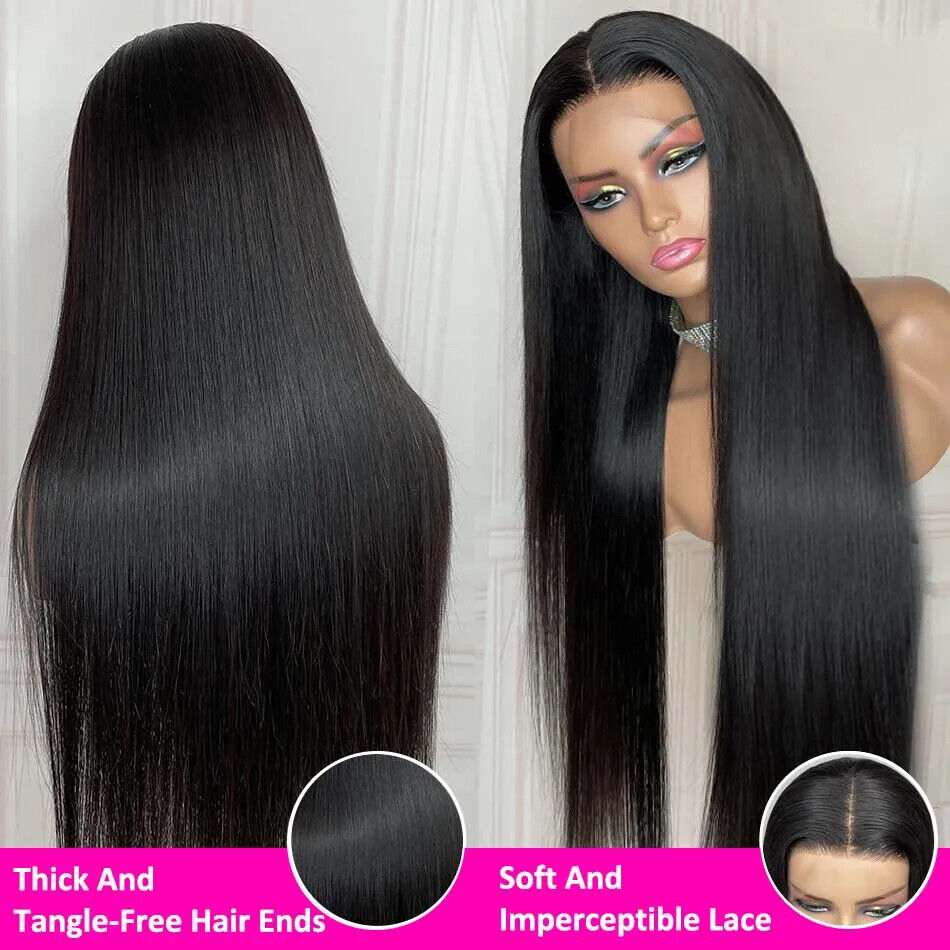 Hand-tied Human Hair Wig with long straight black human hair, smooth tangle-free ends and an imperceptible lace front
