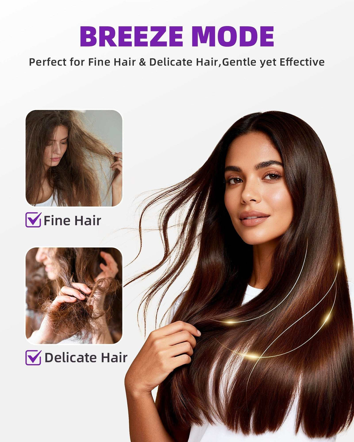 High-Speed Ionic Hair Dryer gentle breeze mode for fine and delicate hair, shown with smooth brunette hair