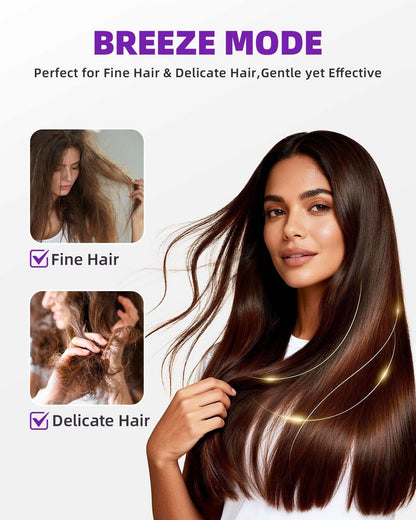 High-Speed Ionic Hair Dryer gentle breeze mode for fine and delicate hair, shown with smooth brunette hair