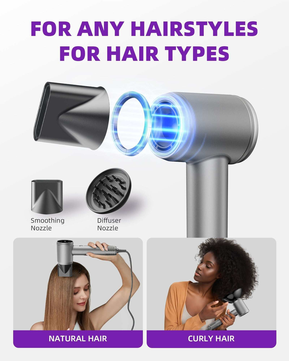 High-Speed Ionic Hair Dryer in silver with black smoothing nozzle, diffuser attachment, and blue ion airflow display