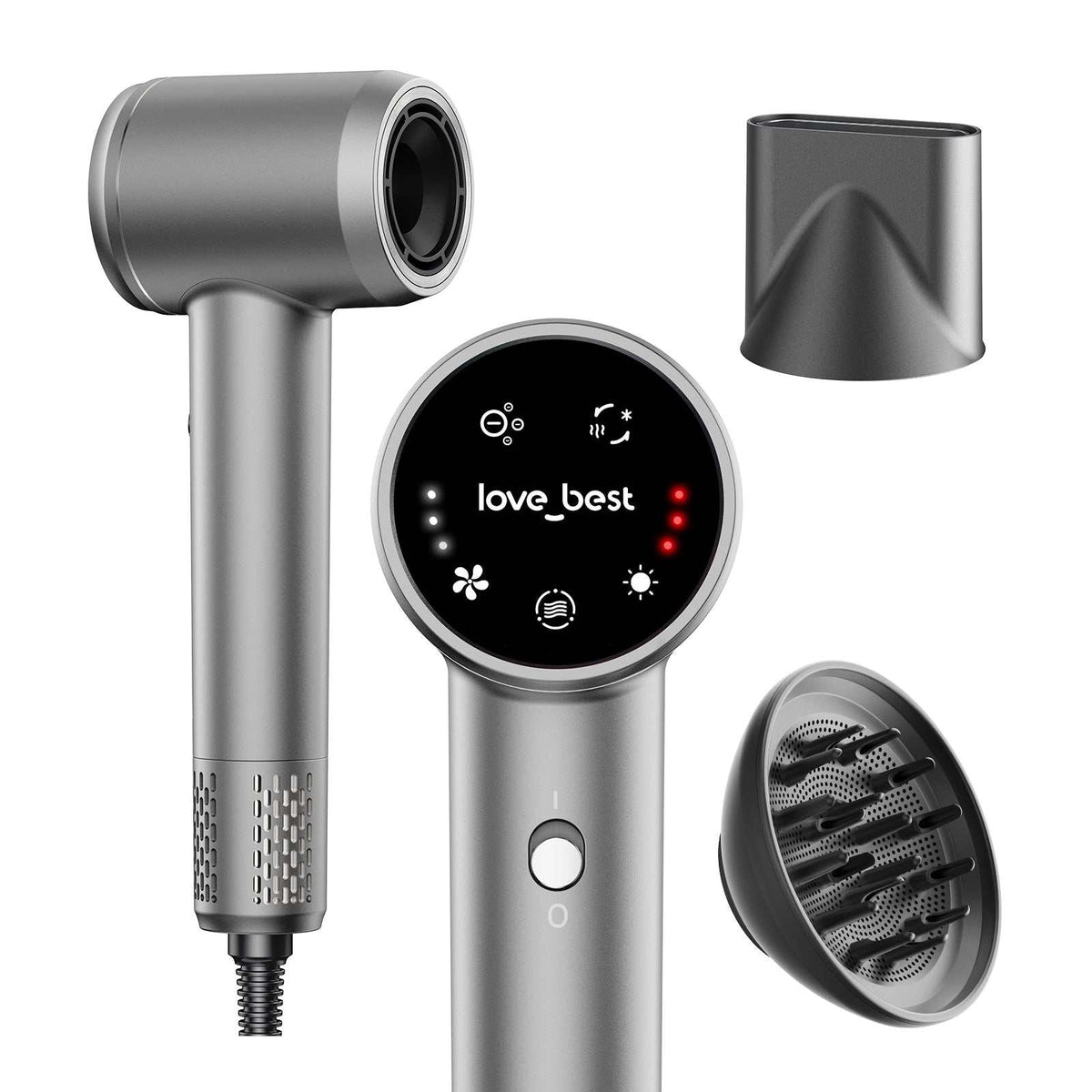 High-Speed Ionic Hair Dryer in silver with round touch screen, magnetic diffuser and concentrator nozzle