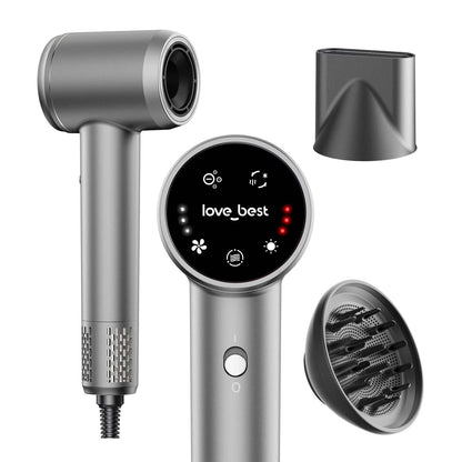 High-Speed Ionic Hair Dryer in silver with round touch screen, magnetic diffuser and concentrator nozzle