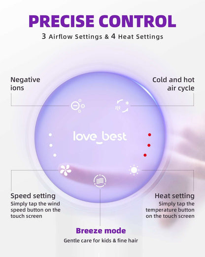 High-Speed Ionic Hair Dryer touch screen showing airflow and heat controls with breeze mode and ionic settings