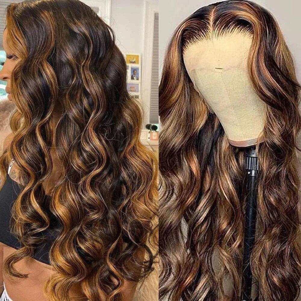 Highlight 13x4 Frontal Wig in brown and honey blonde human hair with long body waves and a lace frontal