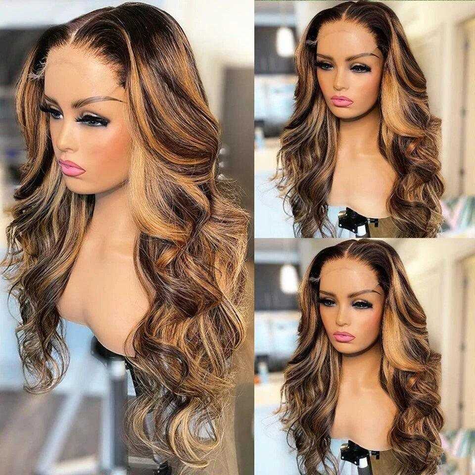 Highlight 13x4 Frontal Wig with long brown and honey blonde human hair in voluminous body waves