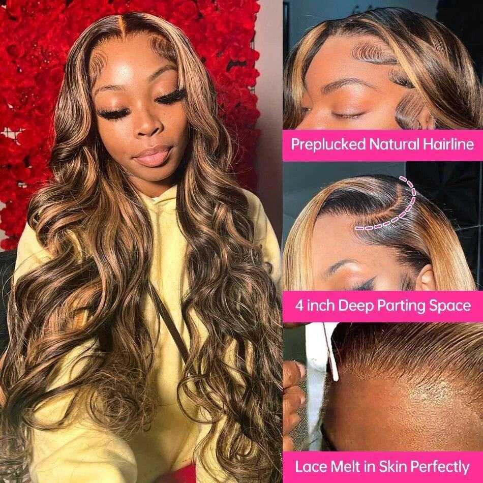 Highlight 13x4 Frontal Wig in brown and honey blonde human hair with long body waves and deep parting