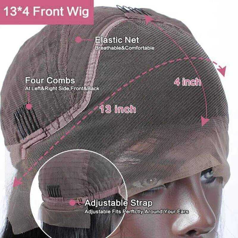 Highlight 13x4 Frontal Wig showing sheer lace front cap with four combs, elastic net, and adjustable strap