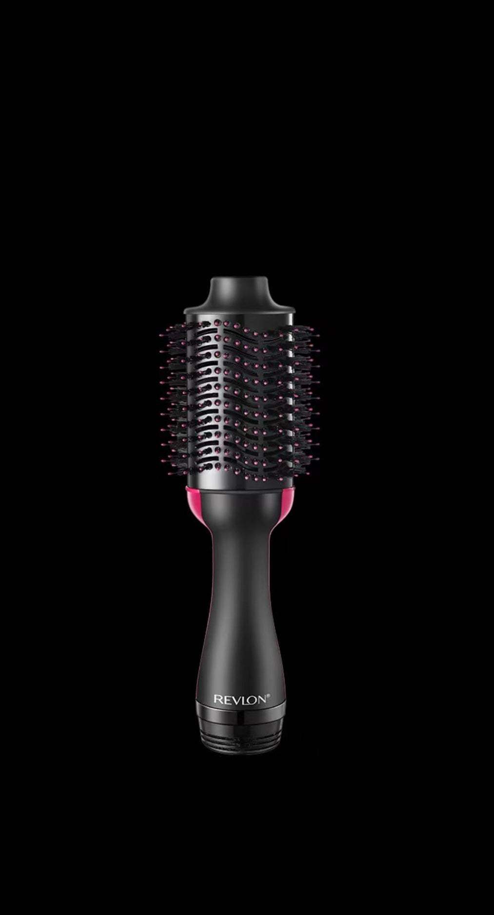 Hot Air Styling Comb with black handle, metallic barrel, and dense black bristles with pink tips