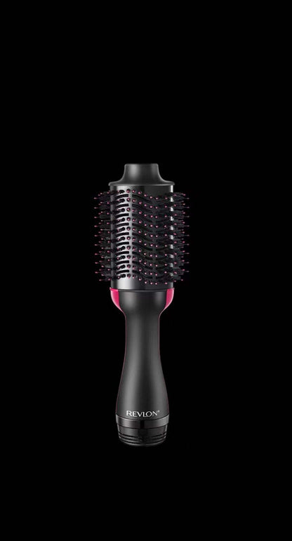 Hot Air Styling Comb with black handle, metallic barrel, and dense black bristles with pink tips
