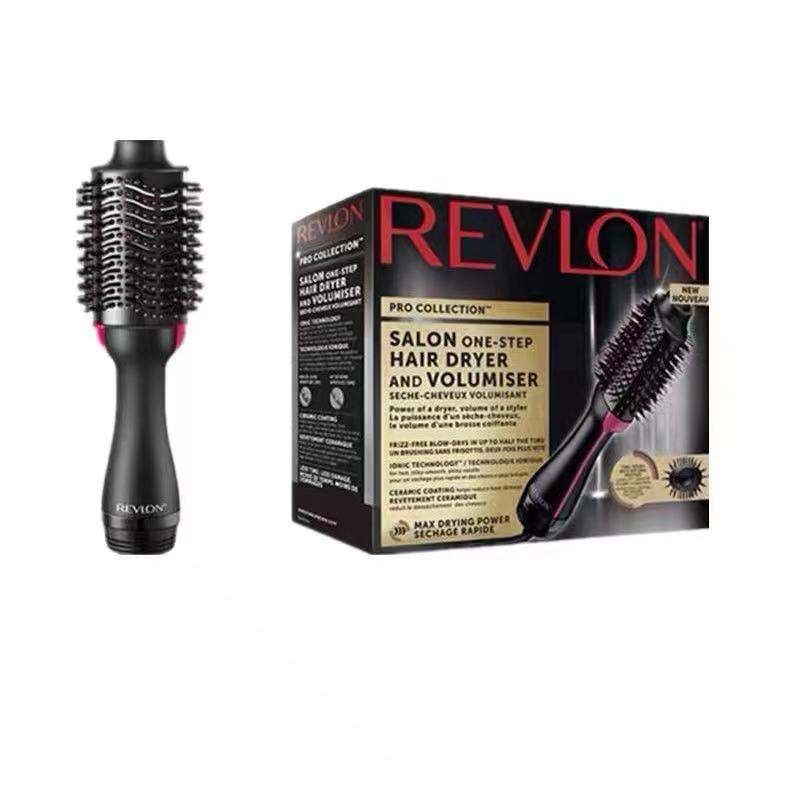 Hot Air Styling Comb with a black handle, dark bristles and rounded barrel, shown beside Revlon packaging