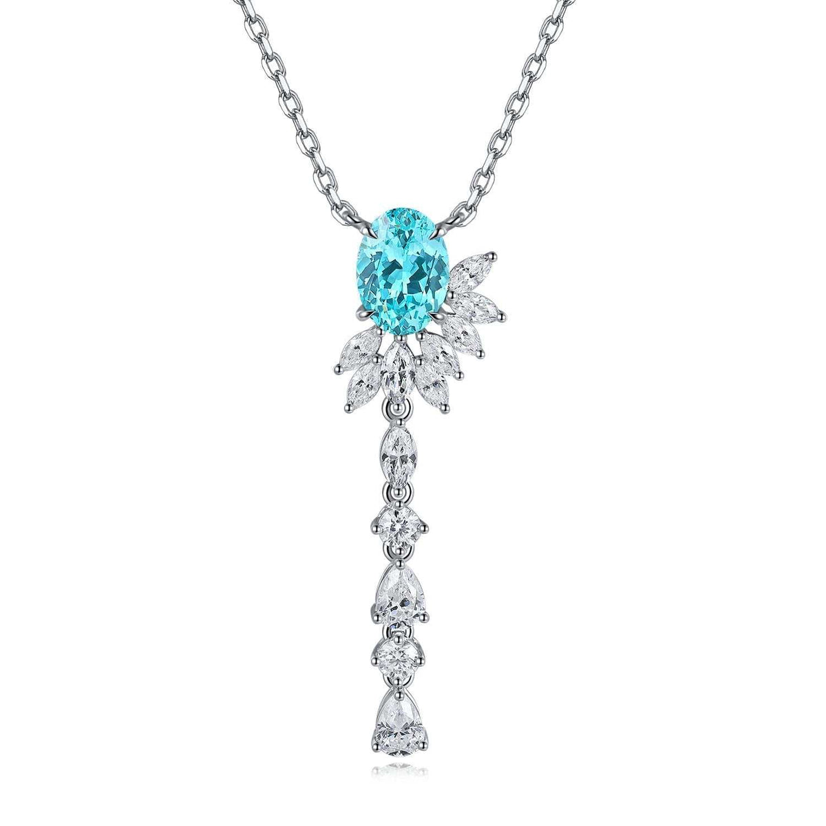 Lab-Created Gemstone Lariat Necklace with vivid aqua-blue oval stone, silver chain and cascading mixed-cut accents