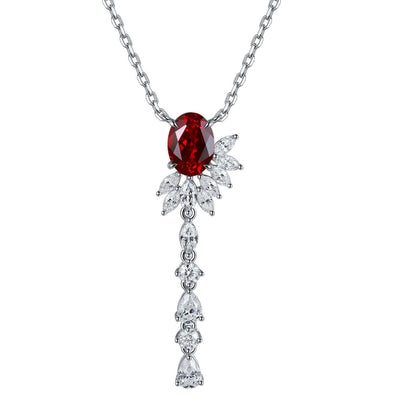 Lab-Created Gemstone Lariat Necklace in sterling silver with a deep red oval stone and cascading clear marquise and pear accents