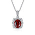 Lab-Created Ruby Halo Pendant Necklace with a deep red oval faceted stone, clear halo accents and silver-tone chain