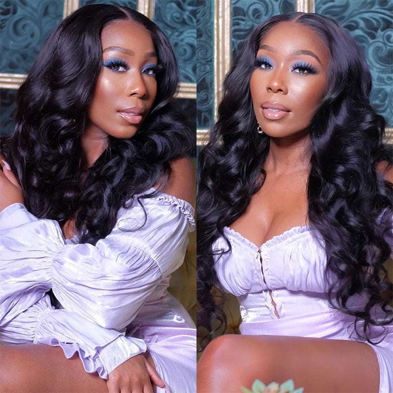 Loose Deep Wave 13x4 Transparent Lace Wig with long, glossy black waves and a defined center part, worn in two portraits