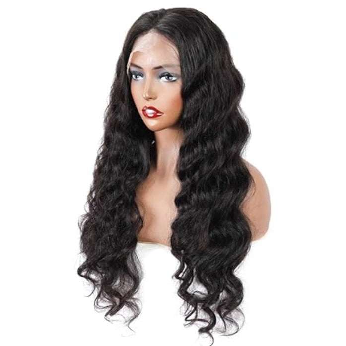 Loose Wave Human Hair Wig in natural black with long glossy waves and a defined centre part