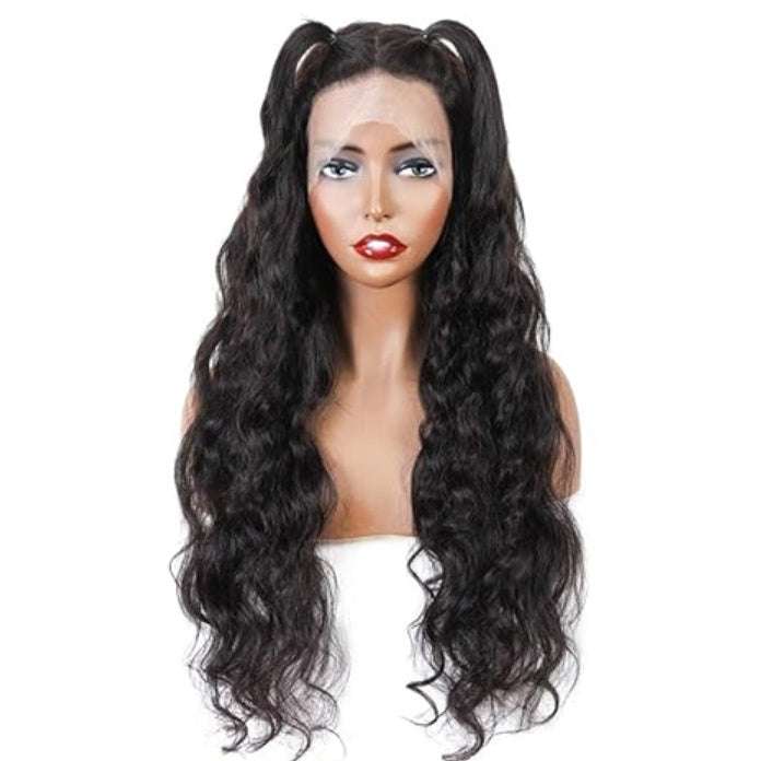 Loose Wave Human Hair Wig in natural black with long wavy texture, centre part and pre-plucked hairline