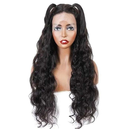 Loose Wave Human Hair Wig in natural black with long wavy texture, centre part and pre-plucked hairline