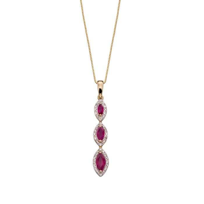 Marquise pendant in 9ct yellow gold with three ruby-red stones and diamond-set pointed marquise surrounds
