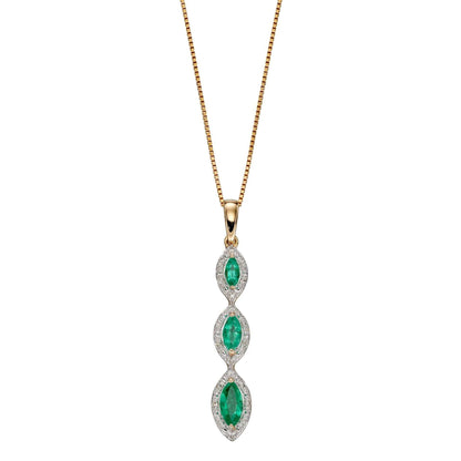 marquise pendant in 9ct yellow gold with three green emeralds surrounded by sparkling diamonds
