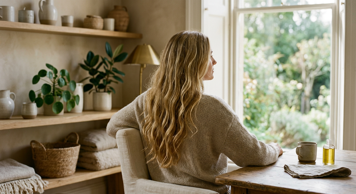 Long honey blonde wavy hair falling past the shoulders, photographed in natural light