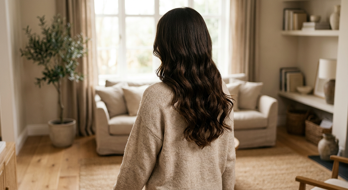 Long dark body wave hair in soft open S-waves falling past the shoulders