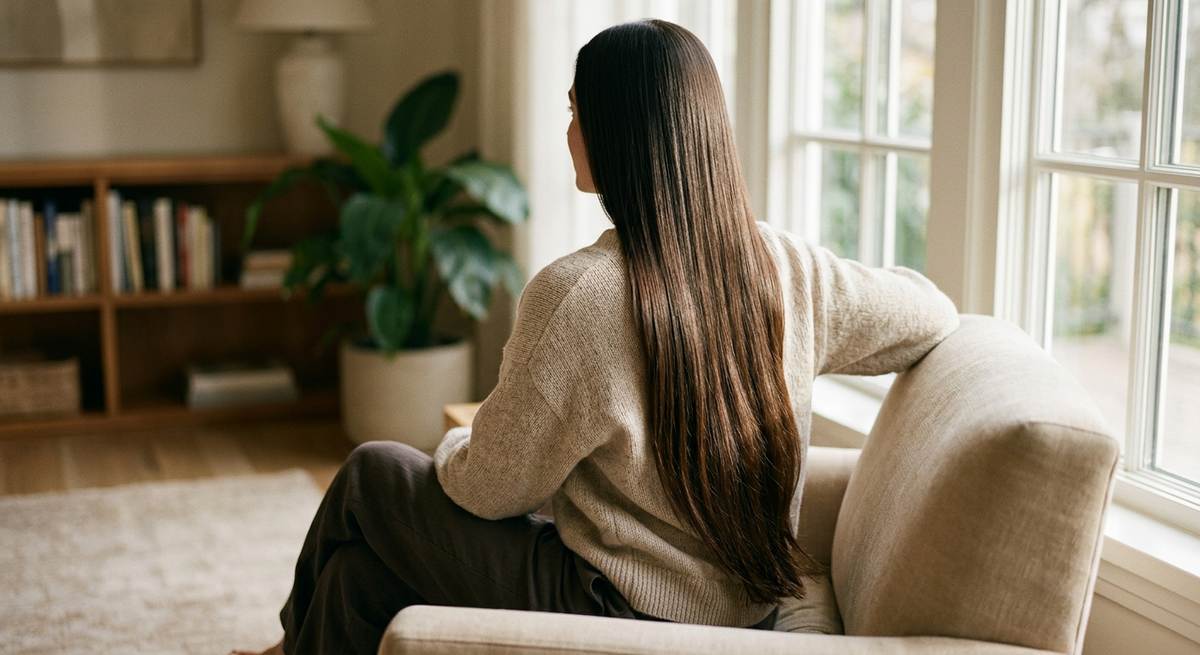 Very long sleek dark hair falling well past the waist, photographed in natural light