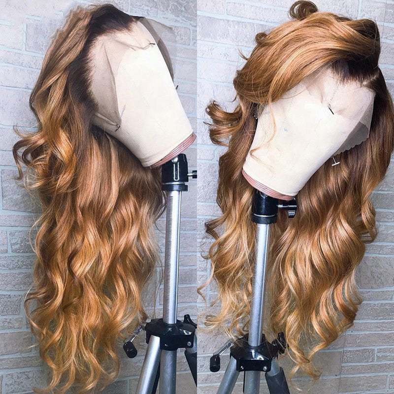 Ombre Lace Front Human Hair Wig in warm blonde with dark roots, long loose waves and a lace hairline