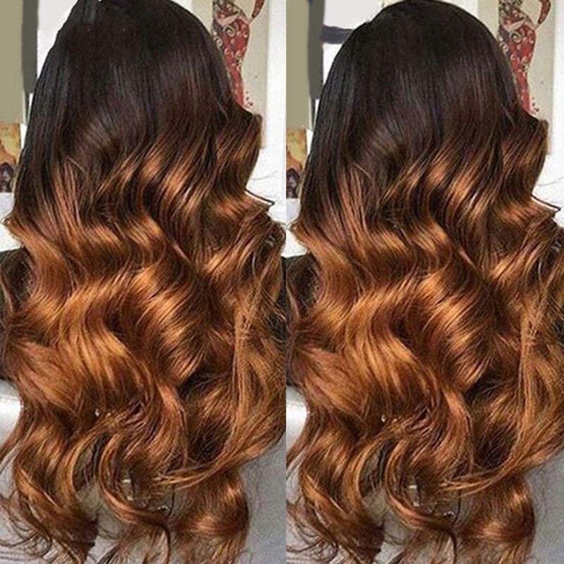 Ombre Lace Front Human Hair Wig with dark brown roots fading to caramel brown, featuring long voluminous waves