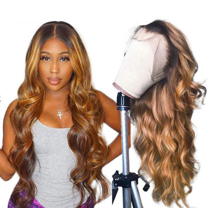 Ombre Lace Front Human Hair Wig with dark roots fading to warm caramel brown, featuring long, voluminous curls