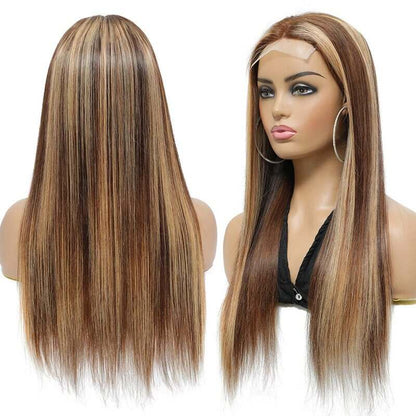 P4/27 Highlight Straight human hair closure wig in medium brown with honey blonde streaks and a sleek finish