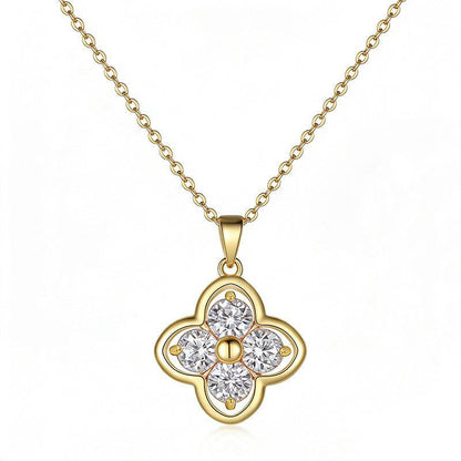 Clover necklace in gold-plated S925 Sterling Silver with four round clear stones and a polished gold-tone outline