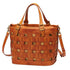 Soft Cowhide Messenger Bag in warm brown leather with woven openwork panel, top handles and adjustable shoulder strap