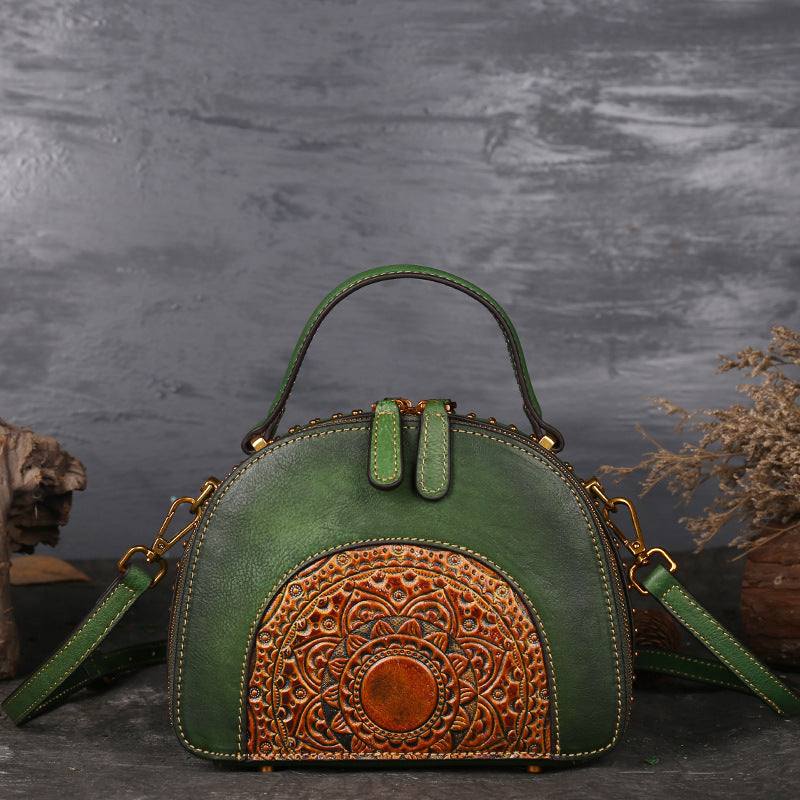 Suede Cowhide Top-Handle Handbag in green with embossed leather panel, top handle and detachable shoulder strap