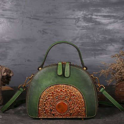 Suede Cowhide Top-Handle Handbag in green with embossed leather panel, top handle and detachable shoulder strap