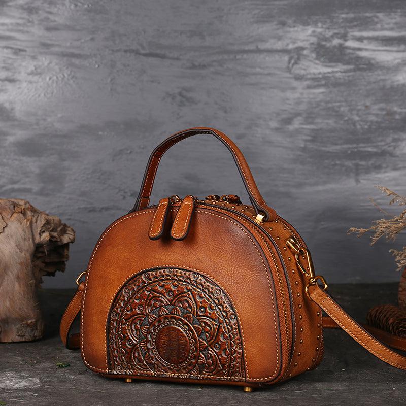 Suede Cowhide Top-Handle Handbag in orange brown with ornate embossed panel, top handle and shoulder strap