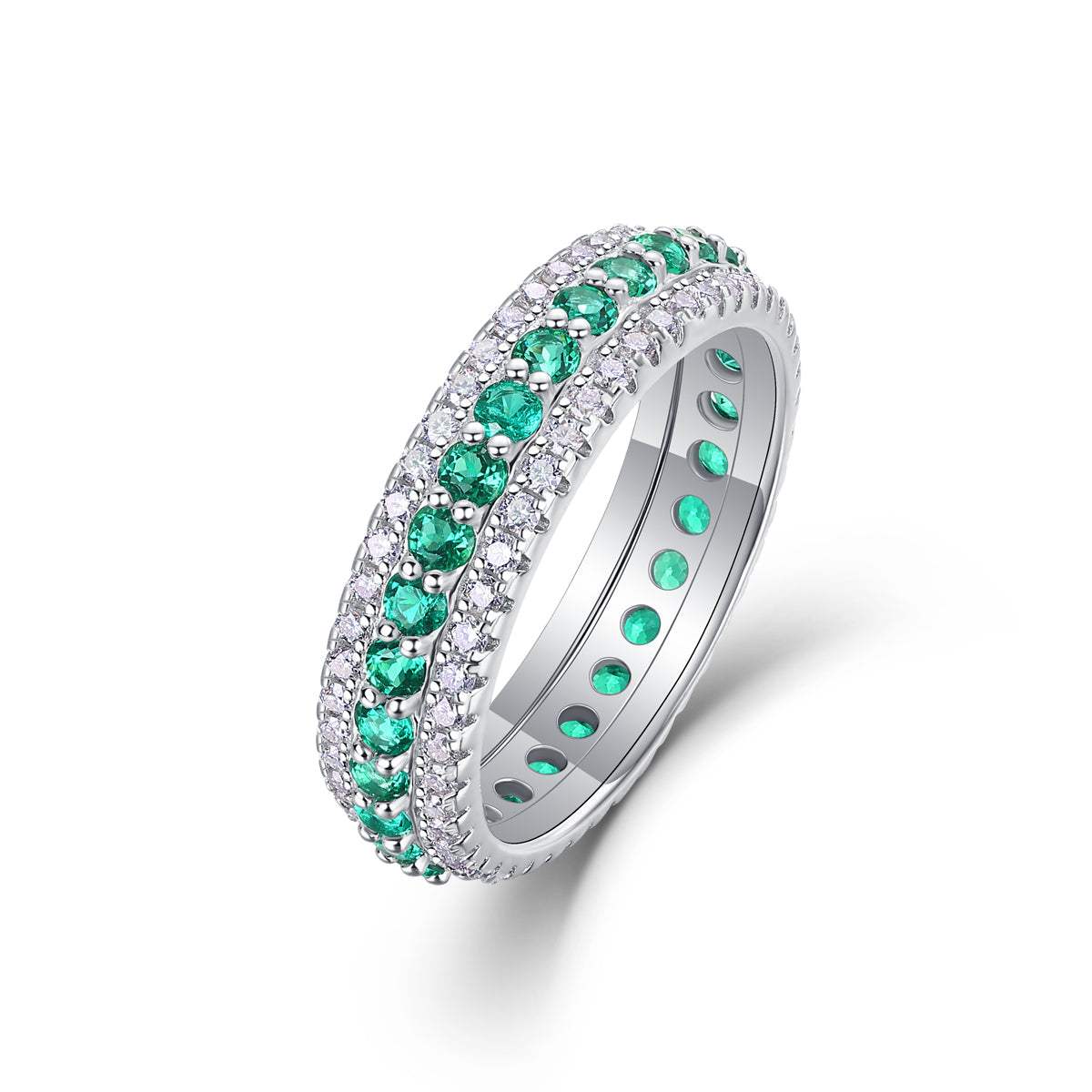 Three-Row Pavé Eternity Ring in silver-tone metal with green and clear pavé stones, fully set around the band