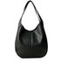 Vegan Leather Tote Bag in black with soft textured finish, curved shape, long shoulder straps and front logo patch